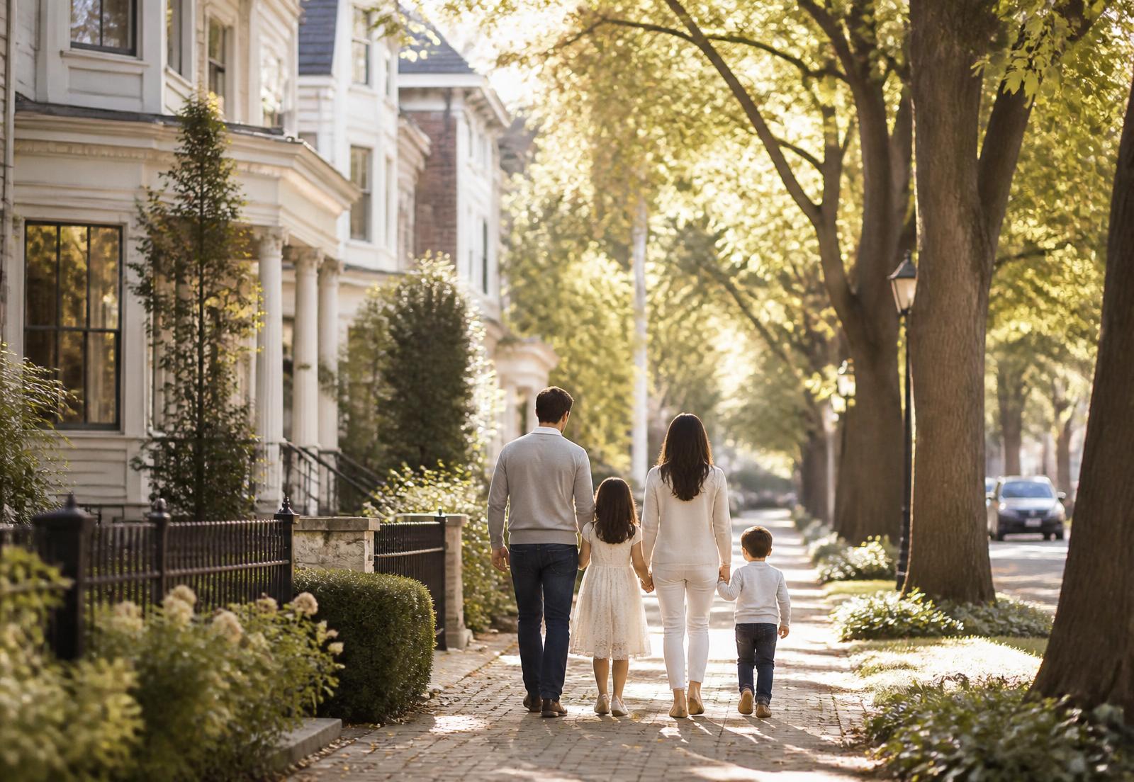 Family walking down a tree-lined Greater Boston neighborhood street