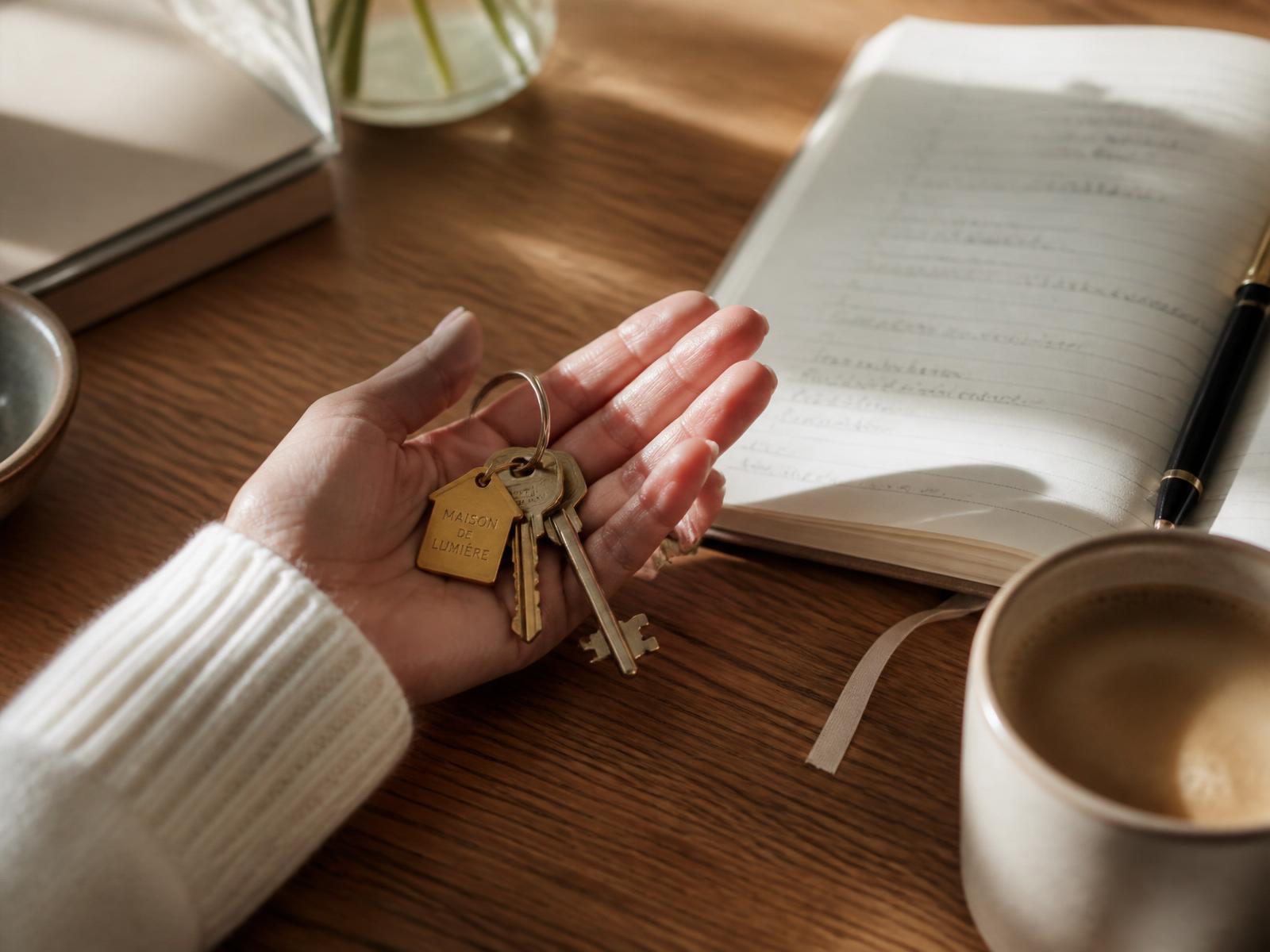 Hand holding house keys beside an open notebook, warm morning light