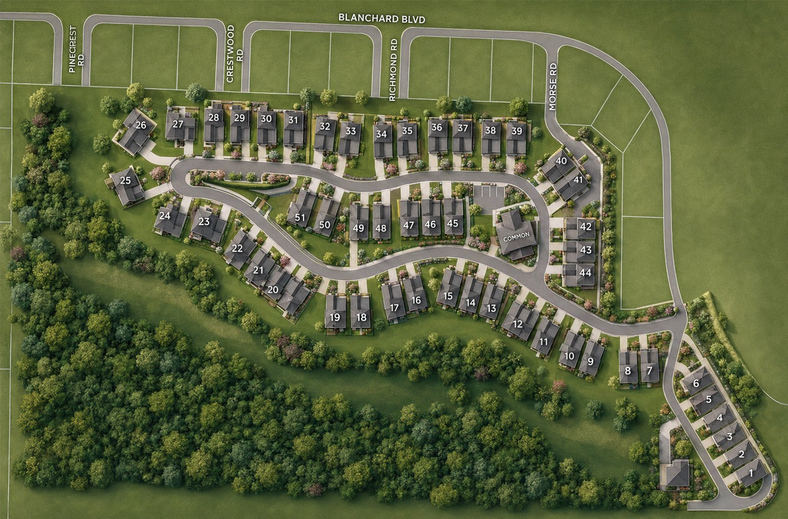 Hawthorn Preserve community site plan showing all 51 residences