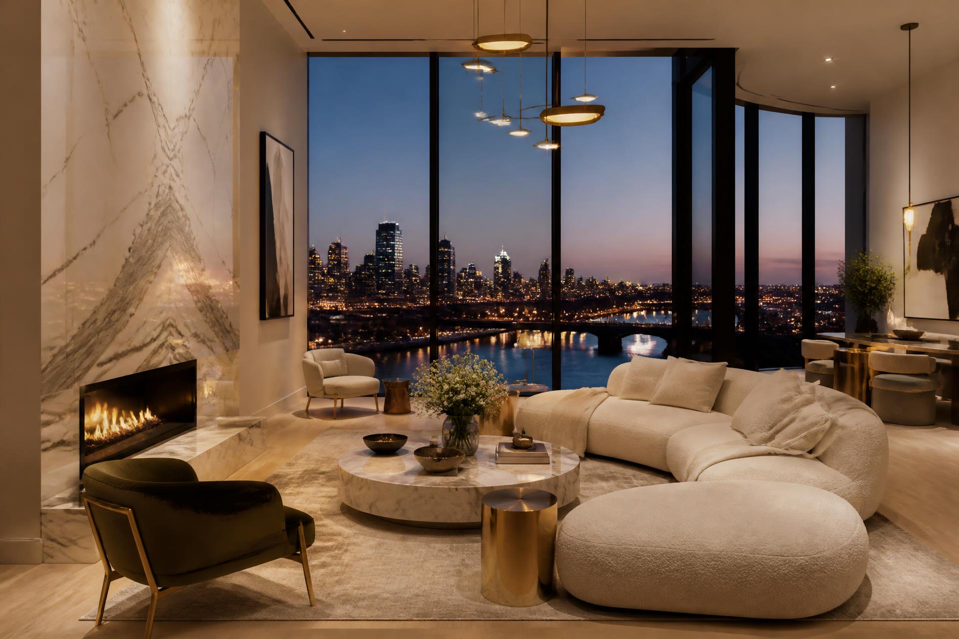 Interior of a luxury Boston penthouse living room with skyline views